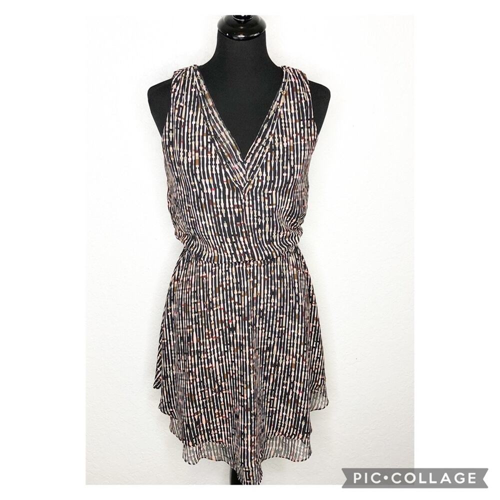 WHBM black cream pink tan abstract sleeveless ruffle draped dress size 0